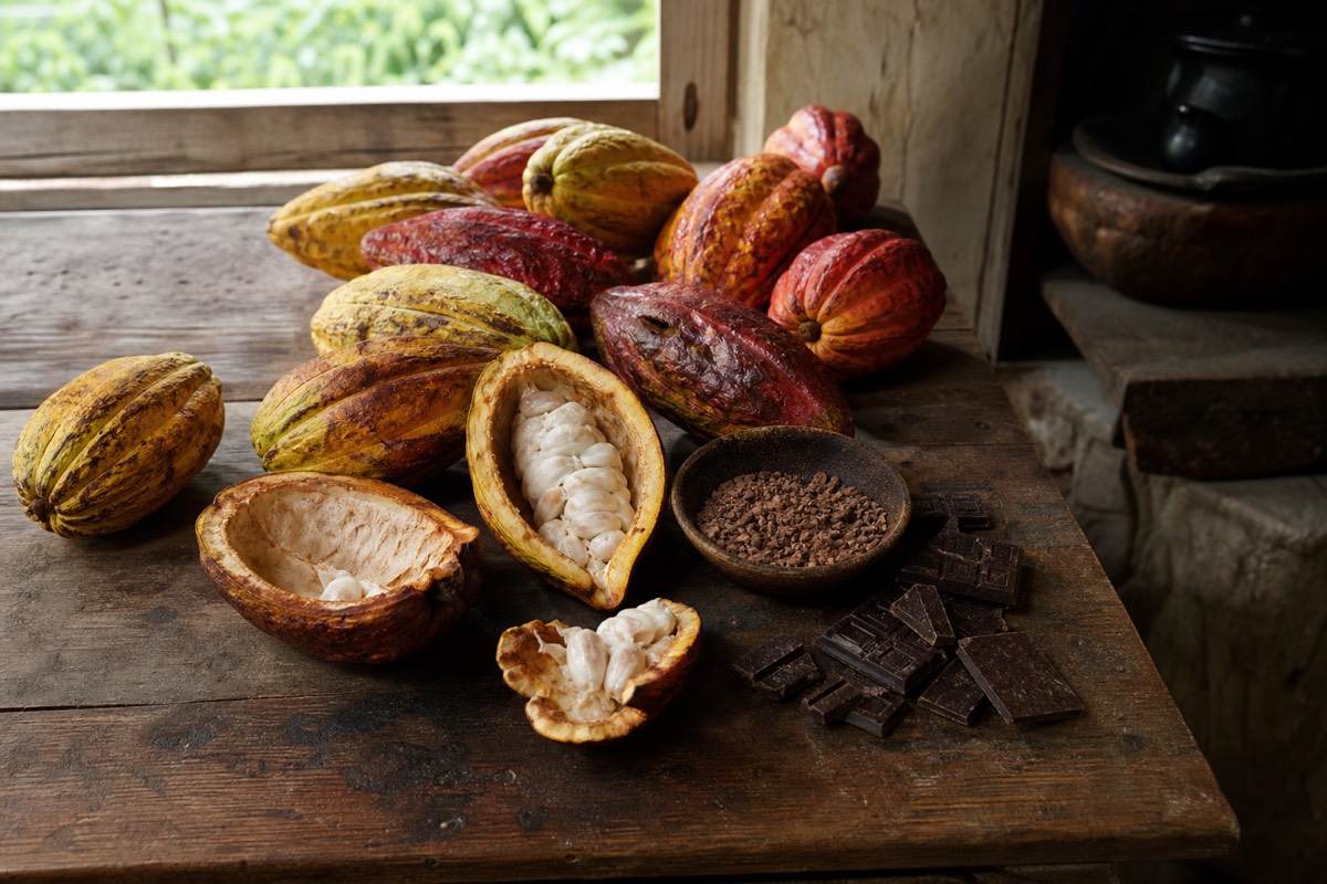 Ripe cacao pods split open beside broken pieces of dark chocolate on a wooden surface