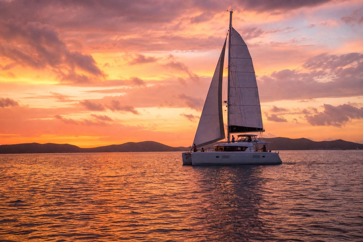 A sailing catamaran on flat Caribbean water with the sun low and orange over the horizon behind it