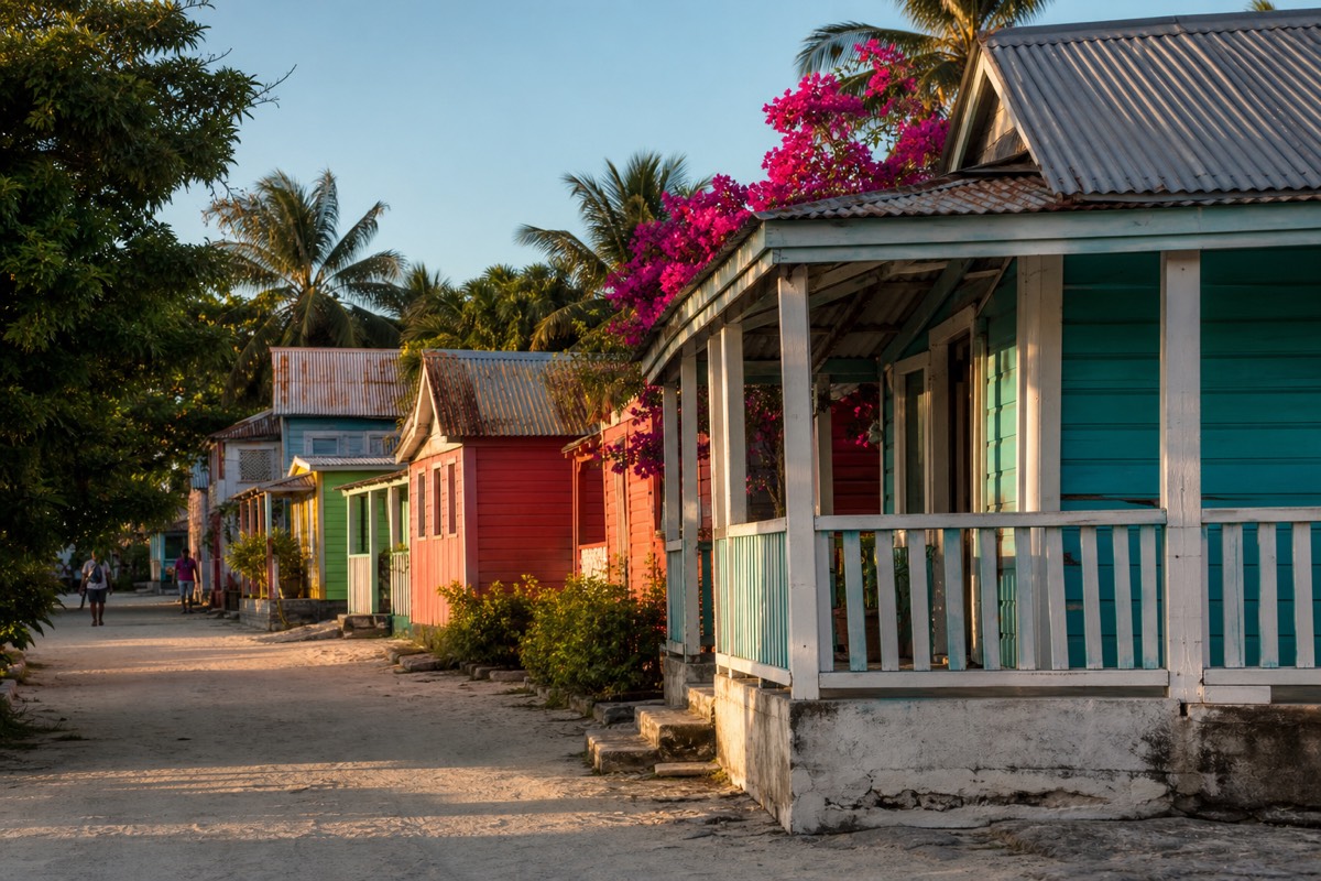 A street of brightly painted Caribbean wooden houses with tin roofs under a bright sky