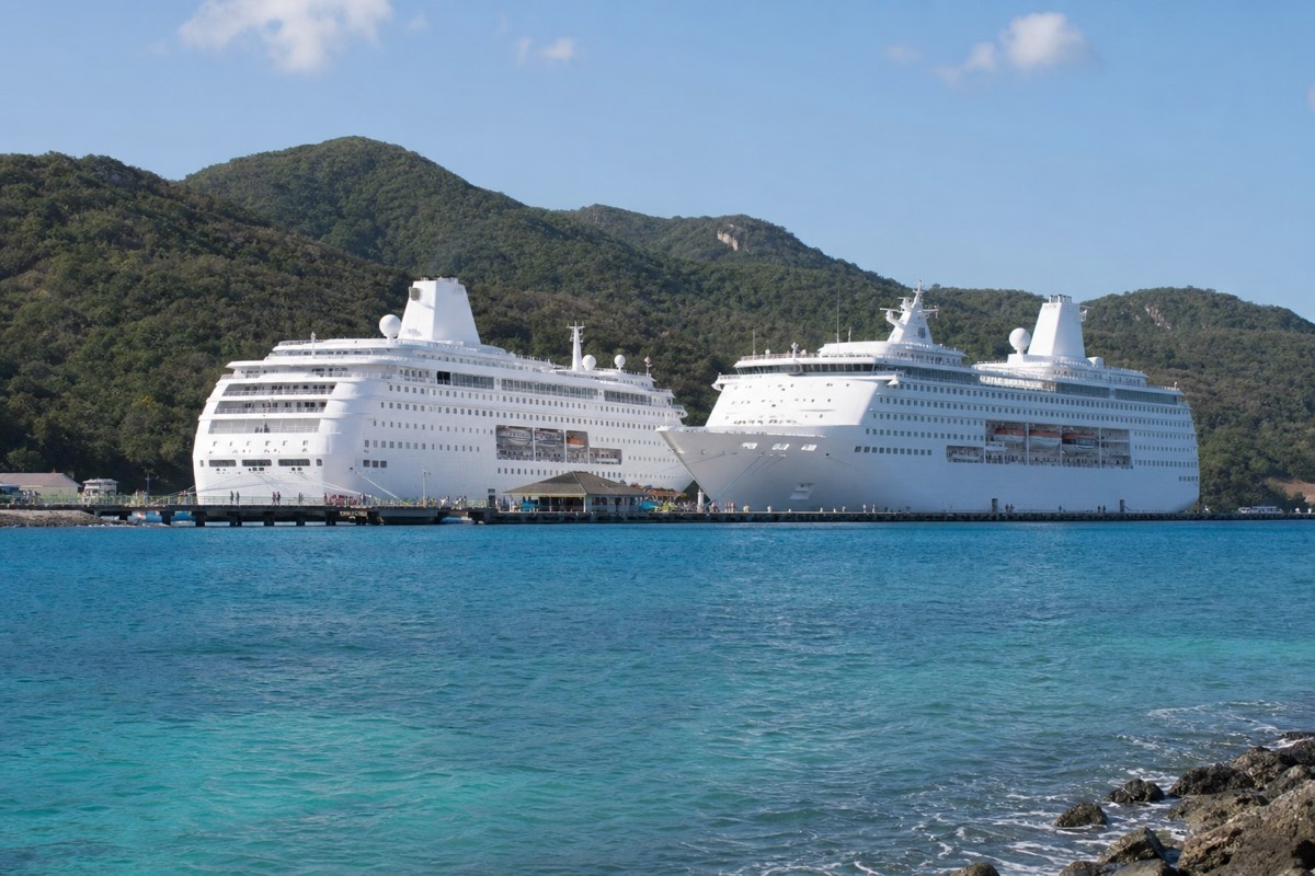 Cruise ships alongside on a busy Roatán port day
