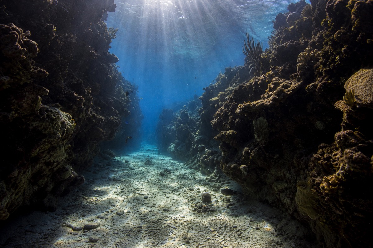 A diver passing through a narrow coral swim-through canyon with light falling from above