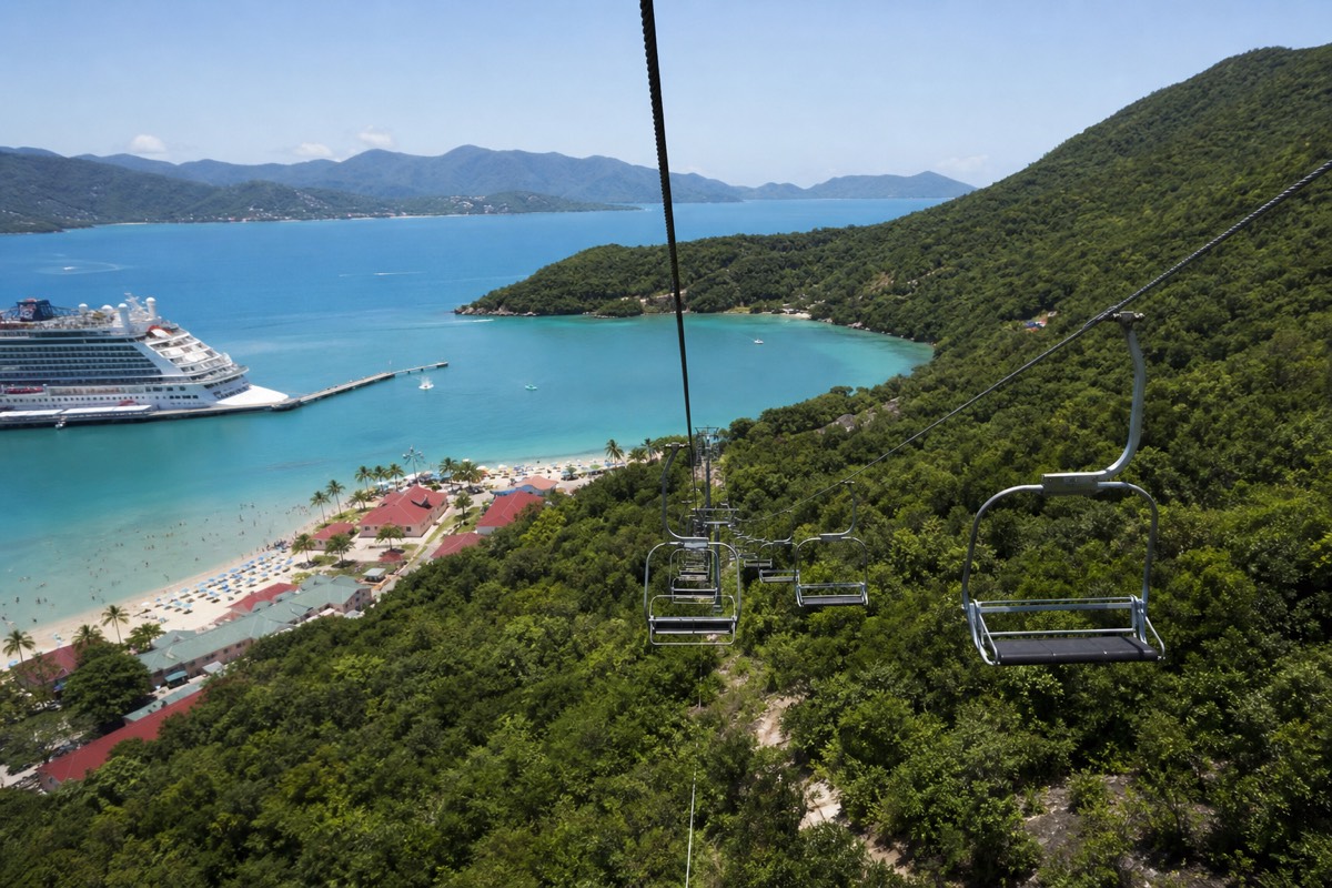 The chairlift and beach at the Mahogany Bay cruise centre
