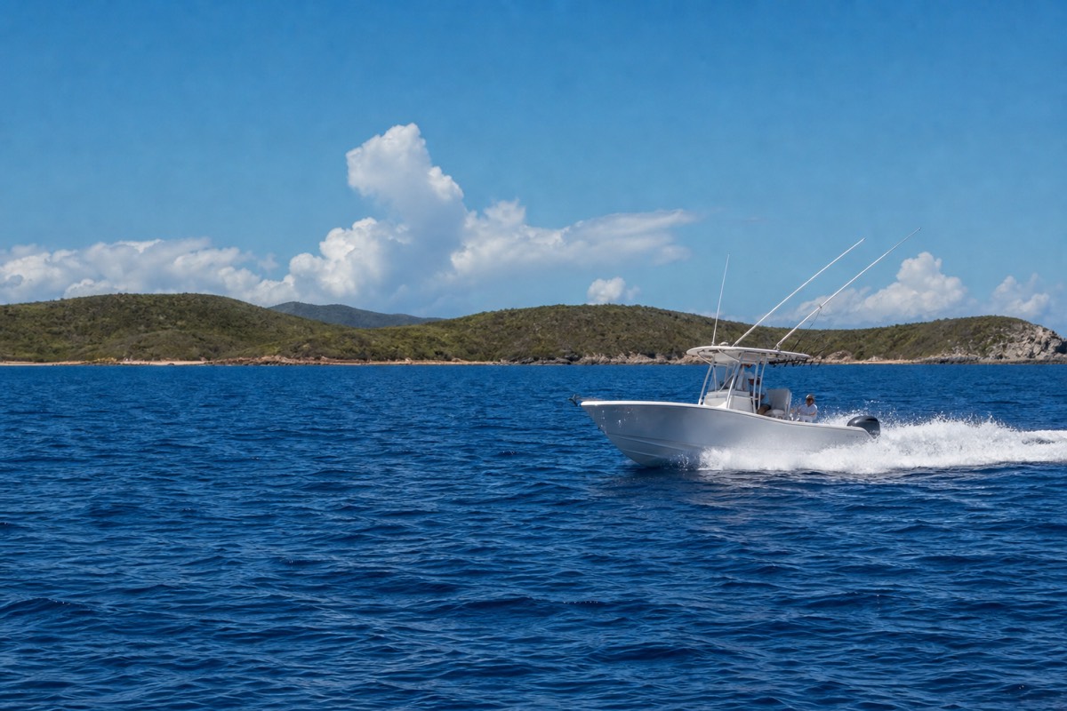 A sportfishing boat with outriggers running through open blue water off a green Caribbean island