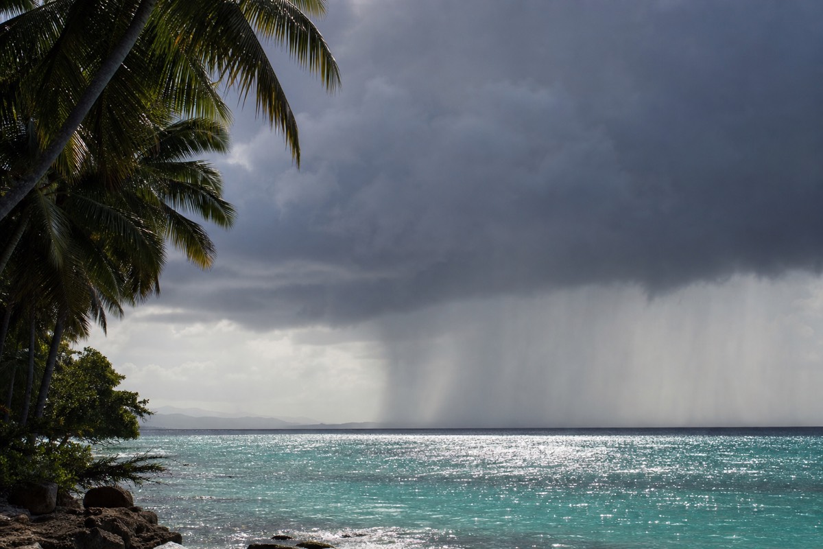 A rain squall passing over the water off Roatán